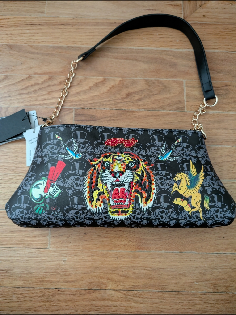 Ed Hardy Black Shoulder Bag with Tiger Tattoo Graphics Chain Vegan New